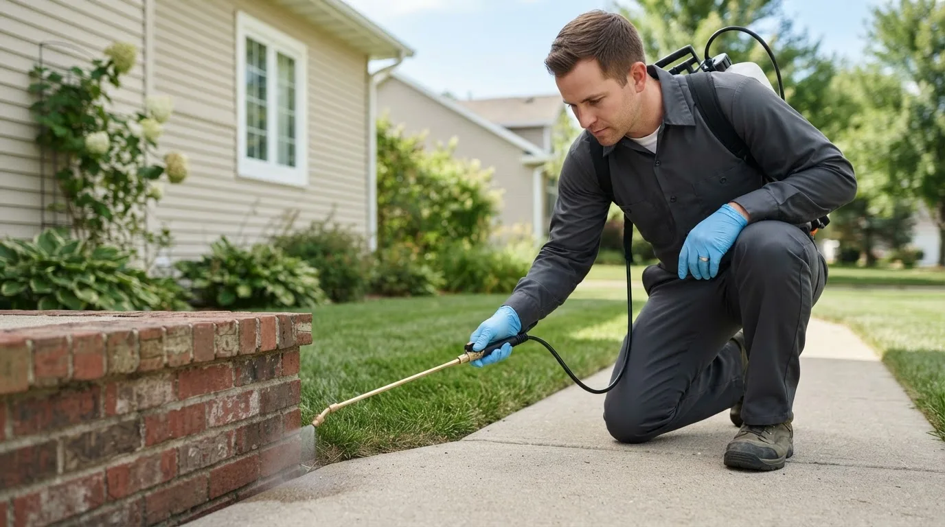 Pest control technician treating a home near Holgate, OH