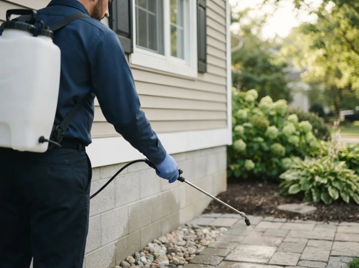 Pest control technician inspecting a home in Holgate, OH